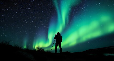 Fototapeta premium Photographer Capturing Majestic Green Aurora Borealis Under a Starry Night Sky in a Dramatic Arctic Landscape