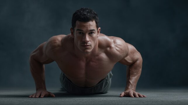Fit man performs push-up against dark background, showcasing strength and determination in a fitness studio during workout session
