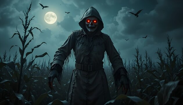 A giant scarecrow with stitched burlap face, glowing red eyes, and sharp claws, standing in a moonlit cornfield with thick fog.