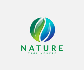 Abstract circular logo with flowing gradient green and blue stylized leaves symbolizing nature and organic growth.