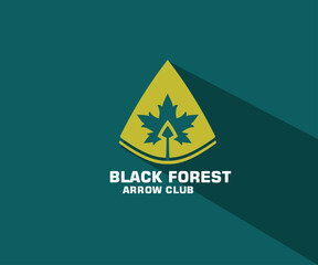Black Forest Arrow Club emblem with golden shield green maple leaf and upward arrow design.