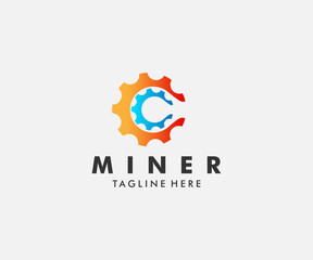 Fototapeta premium Vibrant gradient gear logo with integrated blue letter C and bold MINER text.