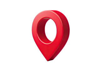 3D red location pin graphic.  Bright,  red,  3D  map  marker.  Simple  icon.  Geometric  shape