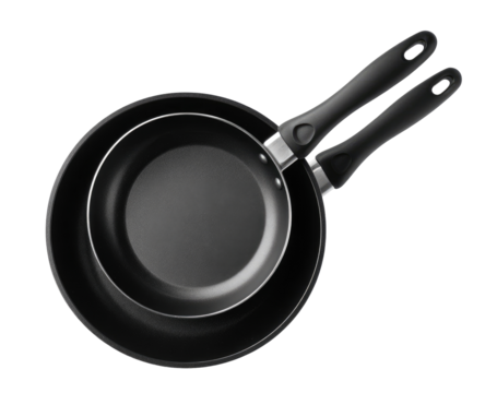 Two nesting black frying pans with dark handles