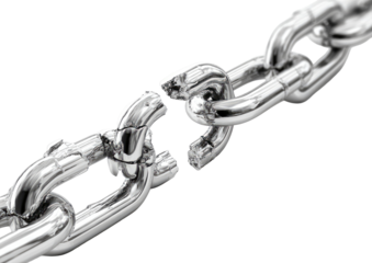 Broken metal chain, isolated against black.  Links are fractured, showing jagged edges.  A symbol of liberation or weakness