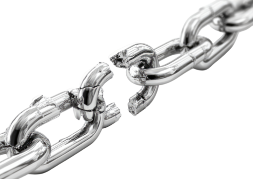 Broken metal chain, isolated against black.  Links are fractured, showing jagged edges.  A symbol of liberation or weakness
