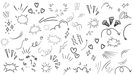 Naklejka premium Expression sign. Comic doodle elements, cartoon speech bubble, manga expression symbols, question and exclamation mark, star sparkle, swirl and explosion. Vector set.