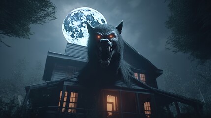 A menacing werewolf looms over a spooky, old house under a full moon