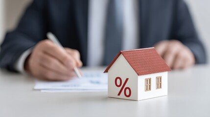 Tiny model house with percentage symbol in foreground, businessman signing documents, financial investment and real estate analysis concept in modern office