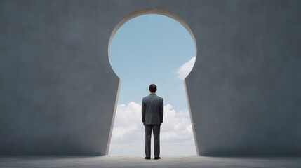 Fototapeta premium Businessman Standing Before Giant Keyhole Gazing at Bright Sky Symbolizing Opportunity and New Beginnings in a Conceptual Scene of Exploration and Success