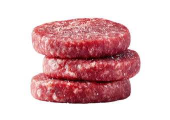 Three raw beef patties, stacked vertically, display a slightly pinkish-red color.  Salt crystals are visible on the surface of each patty.  A clear, bright, studio shot