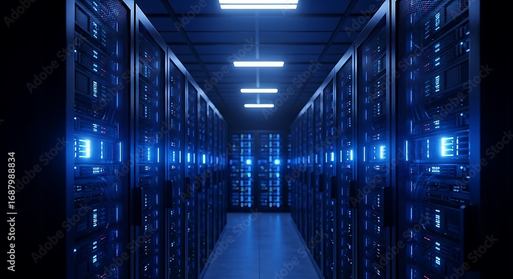 Aufkleber modern data center with illuminated server racks and glowing blue led lights in a network corridor