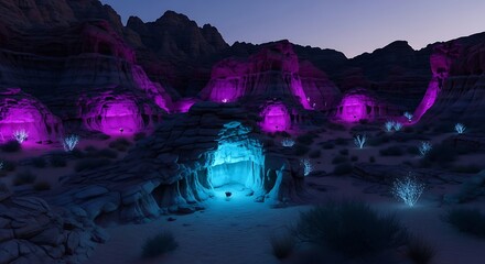Futuristic desert landscape at twilight with glowing blue and magenta caves and sparkling light plants
