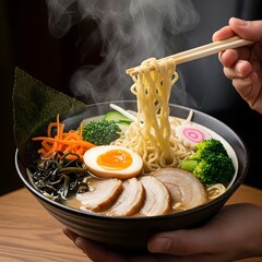A hand holding a steaming bowl of ramen with noodles, egg, vegetables, and meat slices, cozy Japanese food scene, warm tones, cinematic food photography style.