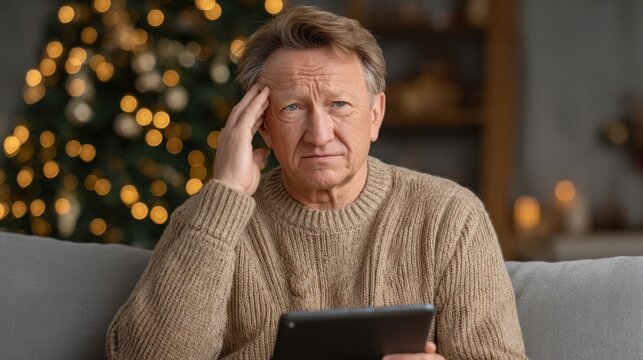 Concerned senior man feeling stress or worry while using tablet at home during festive season with blurred Christmas tree in background - Powered by Adobe
