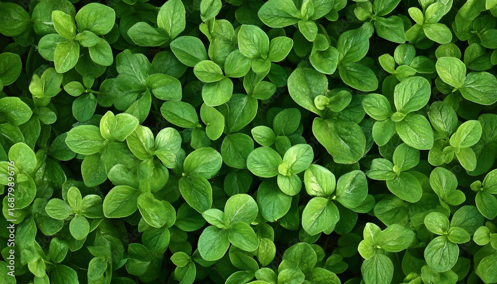 Poster the image shows a close-up view of many bright green leaves densely clustered together, creating a u
