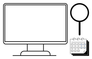 Monitor, magnifying glass, and calendar outline represent online tasks, scheduling, and exploring data or information. Ideal for productivity, planning, analytics, education organization research