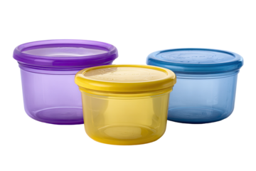 Three clear plastic food containers, different colors, with matching lids