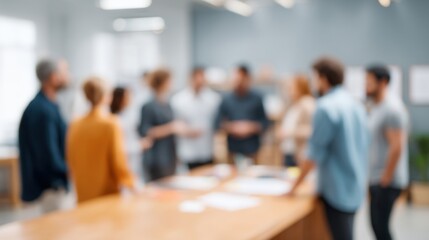 Blurred Group of Diverse People Engaged in Collaborative Conversation in Modern Office Environment with Light and Bright Colors