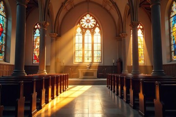 Fototapeta premium Serene church interior, sunlight streaming through stained-glass windows illuminating a quiet prayer space Perfect for themes of faith, spirituality, peace, and worship , spirituality, contemplation