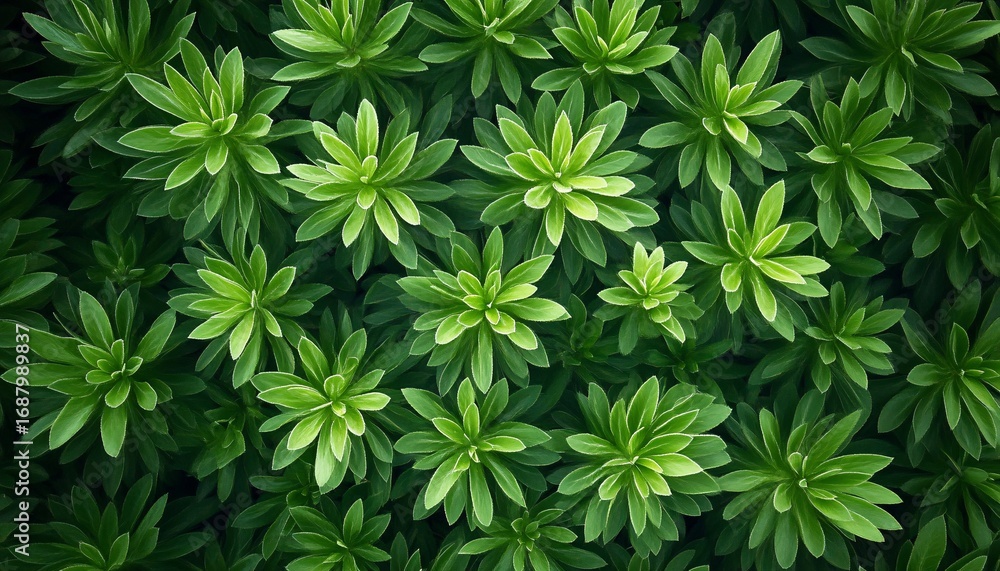 Poster the image shows a dense collection of vibrant green plants with long, slender leaves arranged in a r