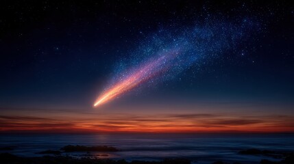 Fototapeta premium Breathtaking Comet Over Serene Ocean at Sunset with Starry Sky