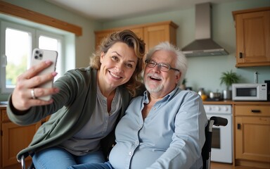 Obraz premium Cheerful disabled woman in wheelchair taking a selfie with husband in kitchen. Disabled paralyzed handicapped woman with walking disability integrating after an accident. High quality