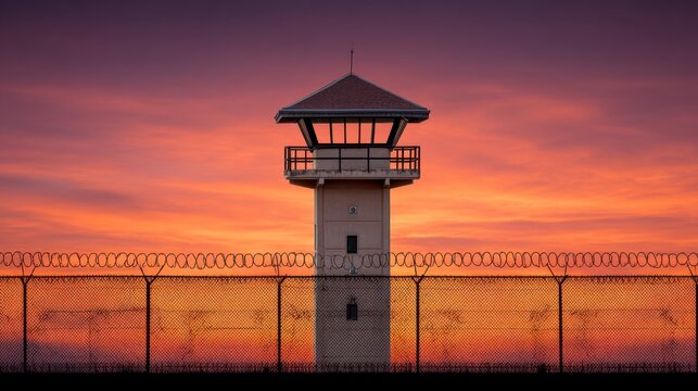 Tower of a Prison with Barbed Wire Fence Against a Stunning Sunset Sky Filled with Vibrant Colors in an Atmospheric Landscape