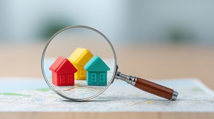 Colorful mini houses under magnifying glass on map representing real estate market research and home buying decisions in urban environment