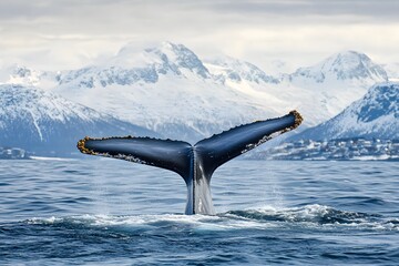 Majestic Humpback Whale Fluke Dives Before a Grandiose Snowy Mountain Range.