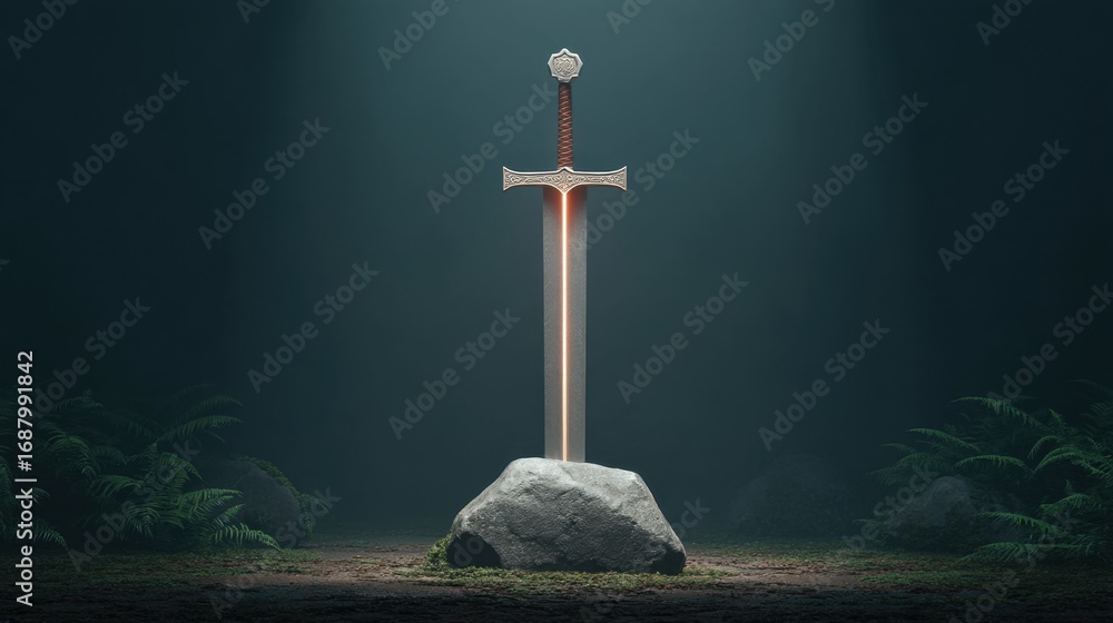Poster Excalibur Sword Embedded in Rock with Mystical Glow in Dark Forest Atmosphere