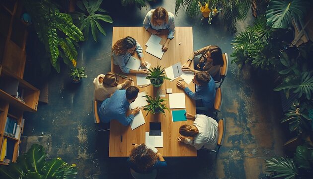 A group of young people are sitting around a large wooden table, working together on projects and surrounded by lush green plants.