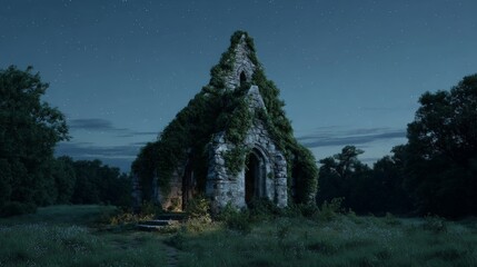 Ruined stone chapel in a field at blue hour