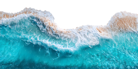 Aerial view of vibrant turquoise ocean waves crashing on sandy beach, perfect for travel concepts
