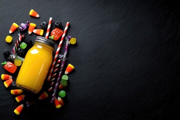 Colorful Halloween treats arranged around a glass of juice.