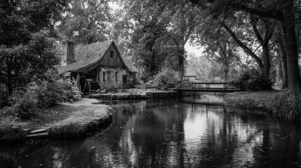 Black and white image of a quaint watermill, bridge, and trees reflecting in the river