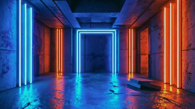 3D Rendering of Blue and Orange Neon Lights Illuminating a Dark Concrete Room Setting.