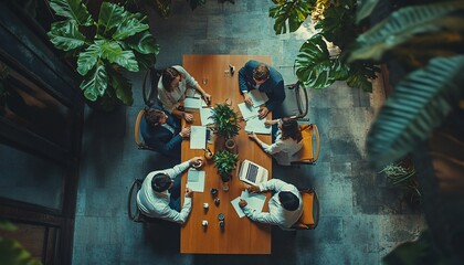 Five colleagues are seated around a table, working together on documents and a laptop in an office with plants.
