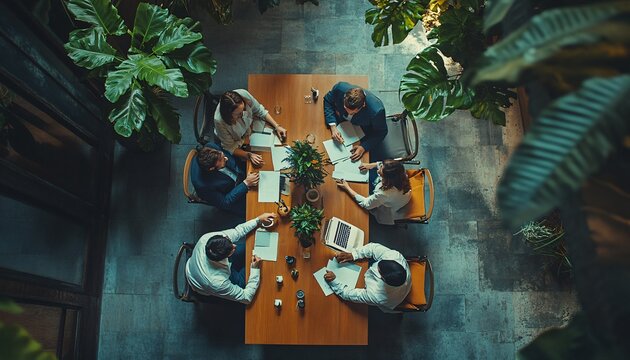 Five colleagues are seated around a table, working together on documents and a laptop in an office with plants.