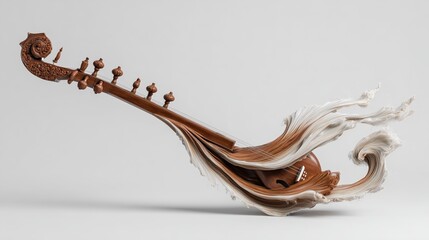Wooden stringed instrument with flowing design isolated on a white background