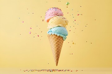 Levitating Pastel Ice Cream Cone with a Dynamic Splash of Colorful Sprinkles.