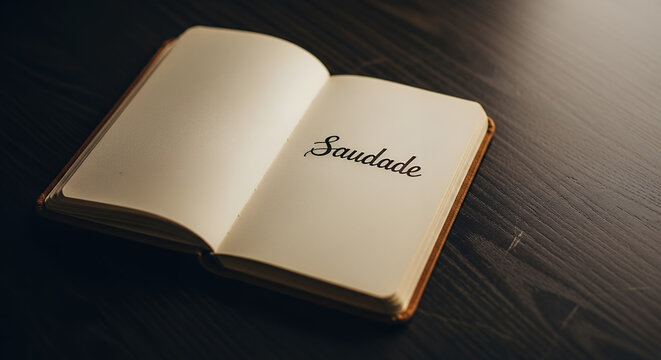Open book with the word saudade written on the page sitting on a dark wooden surface top view