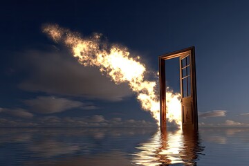 Wooden door opening into a fiery sky over flooded water.