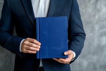 Professional Man in Dark Suit Holding Blank Blue Book Against Textured Grey Wall.
