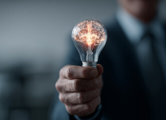 Businessman holding a light bulb with a digital brain inside