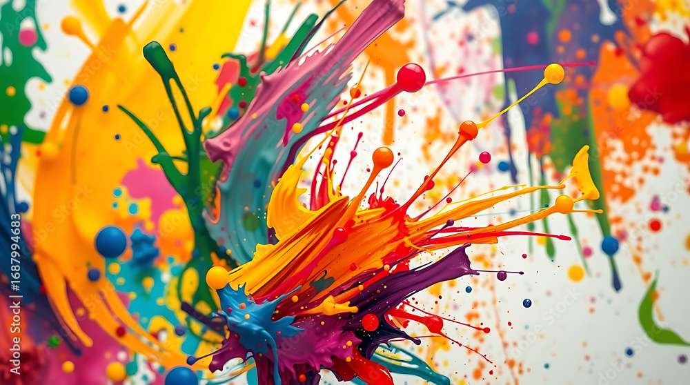 Poster colorful paint explosion with dynamic splashes and drips on white background isolated on white backg