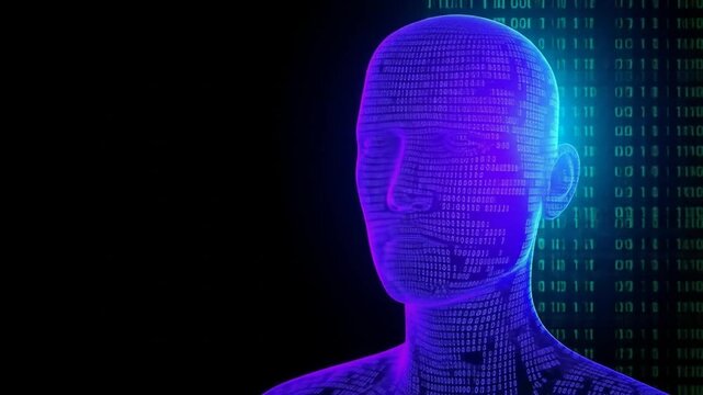 Digital Human Head Profile with Binary Code Displayed in Green on a Dark Background. 4k video
