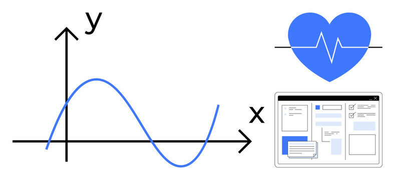 Graph with sine wave on axes, heartbeat symbol, and open digital interface screen. Ideal for healthcare, analytics, research, digital tech, communication, data mapping simple flat metaphor - Powered by Adobe