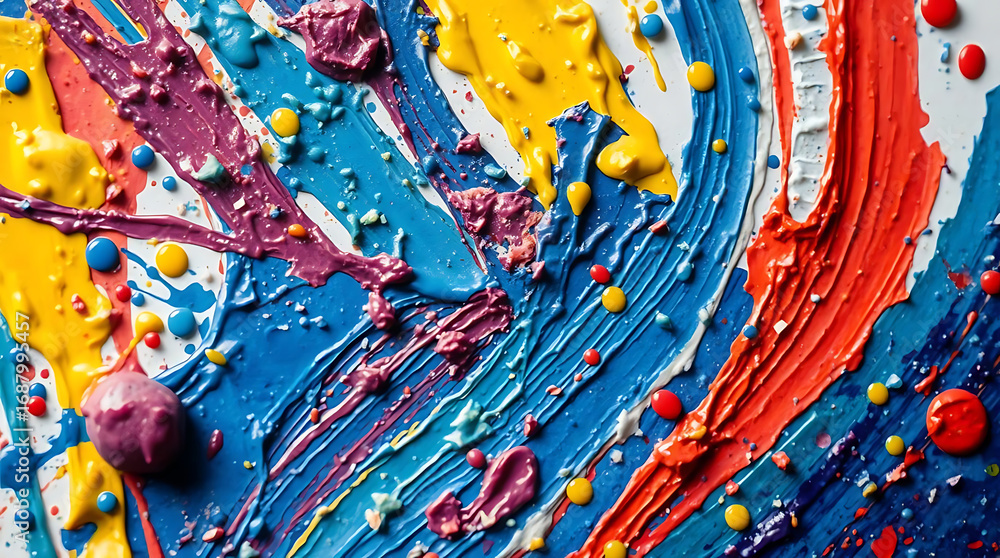 Poster abstract colorful paint strokes and blobs on canvas create a vibrant and textured background design