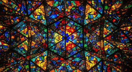 Vivid kaleidoscopic stained glass array, with geometric symmetry and brilliance